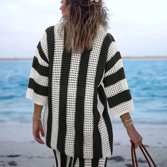 Black Casual Women's Polo Collar Hollow Out Striped Sweater Set - Picture 4 of 7